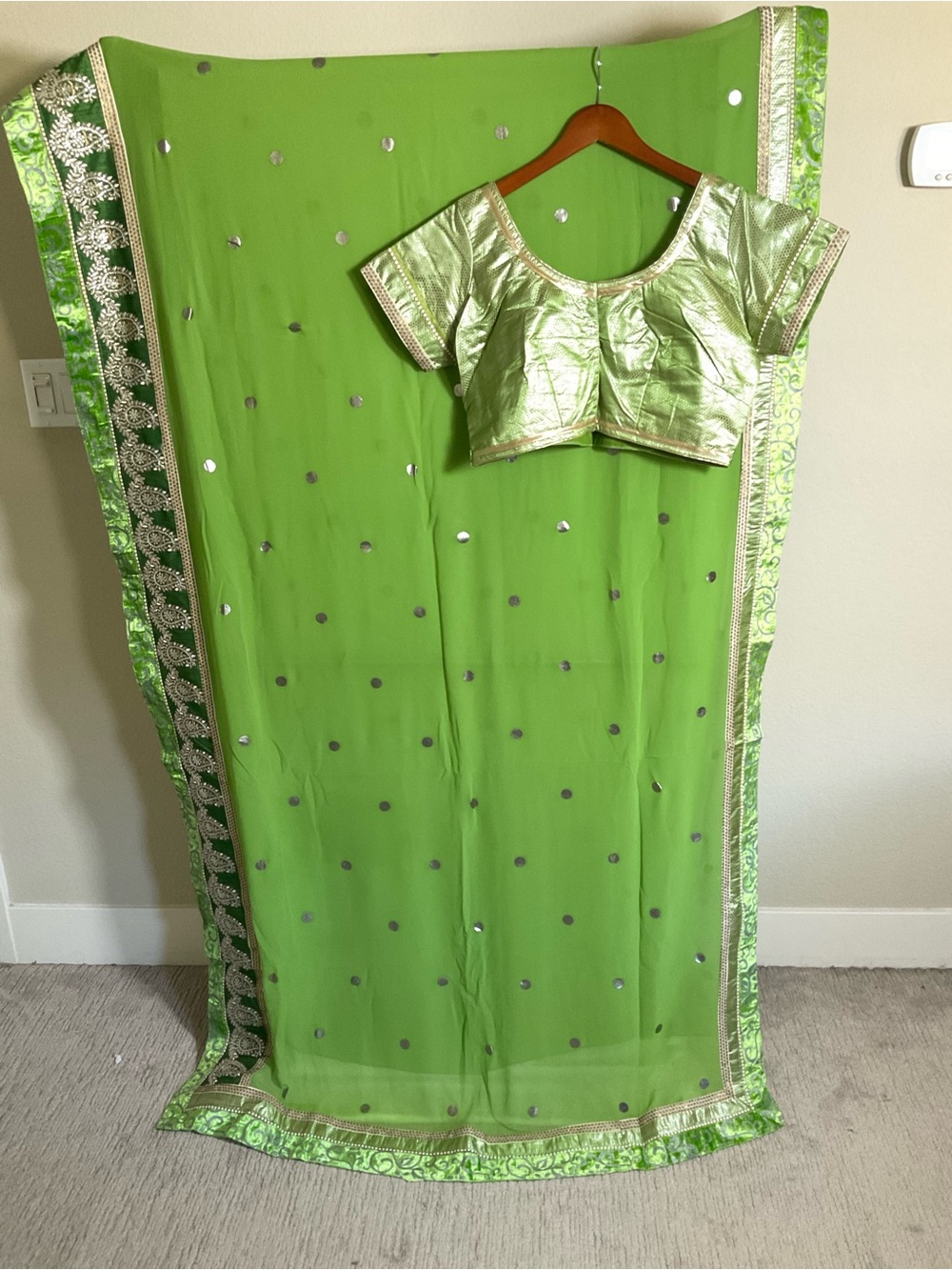 Lime Green Satin Blouse with Embellished Lime Green Saree